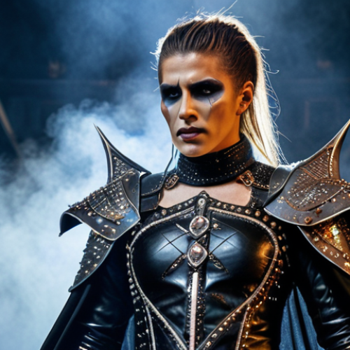 **

Androgynous Gackt, extravagant makeup, futuristic medieval warrior leather costume with crystal inlays, Barcelona concert setting, stage fog, dramatic lighting.

**