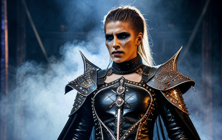 **
Androgynous Gackt, extravagant makeup, futuristic medieval warrior leather costume with crystal inlays, Barcelona concert setting, stage fog, dramatic lighting.
**